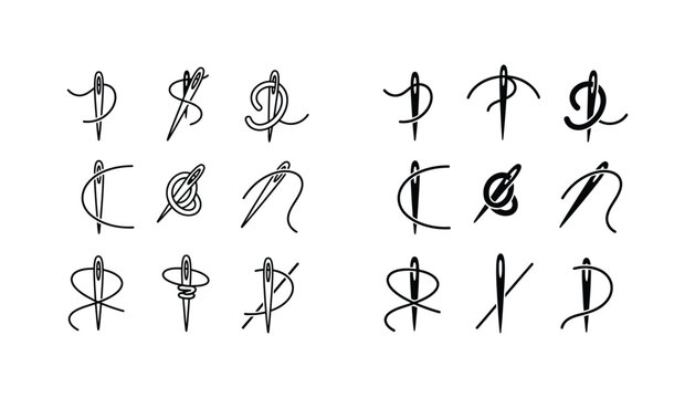 Sewing needle and thread icon set showing twelve variations in outline and solid black style for tailoring and textile industry design projects