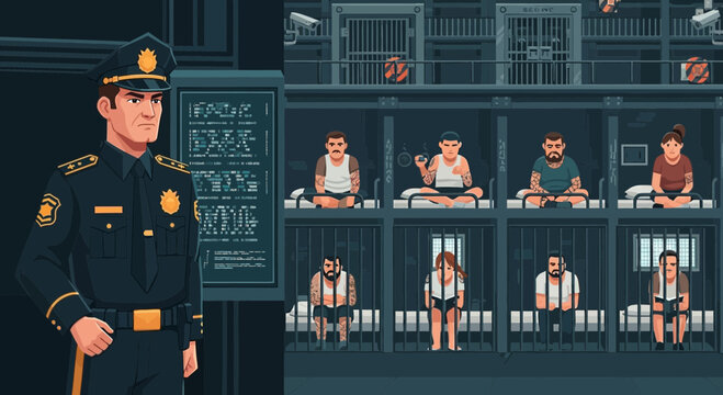 Police officer standing in jail cellblock.