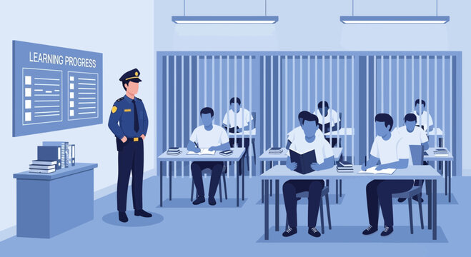 Police officer supervising students taking exam.