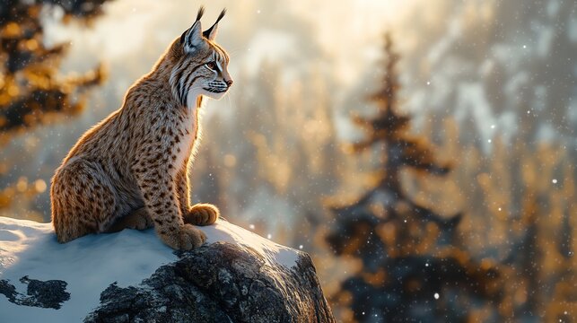 Wild lynx sitting on snowy rock in winter forest