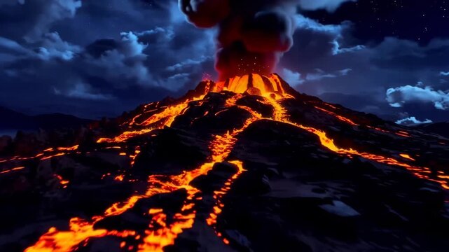 Active Volcano Eruption with Lava Flow at Night