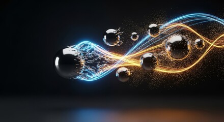 Fototapeta premium Shiny metallic spheres floating in dark space begin to dissolve into brilliant glowing light trails and golden energetic particles, conceptual, transition, golden