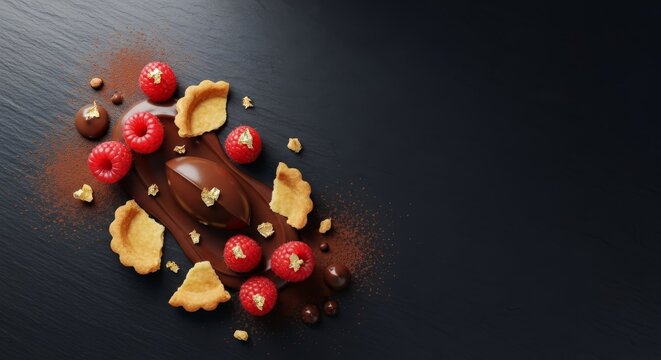 A deconstructed chocolate ganache tart featuring delicate gold leaf accents, fresh raspberries, and cocoa dust on a dark slate surface, dining, ingredients, tart