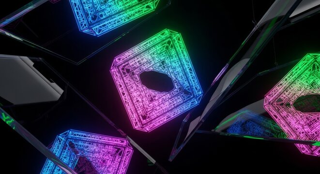 Luminous structures of impossible geometry float within a dark endless vacuum, casting vibrant neon light across translucent glass surfaces, building, minimalist, void