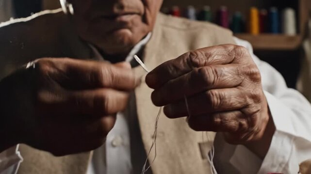 Elderly entrepreneur small business tailor threading needle with skilled hands and steady hands showing craft patience and careful focus traditional