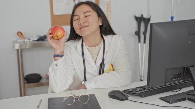 Woman doctor holds red apple in hand and smiles at camera, stethoscope draped over neck at desk with computer and crutches in clinic building; cheerful wellness care.