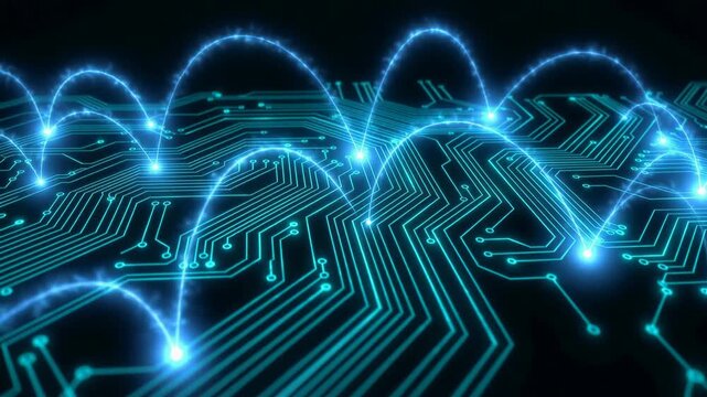 Turquoise neon circuits pulsing rhythmically on an infinite black backdrop