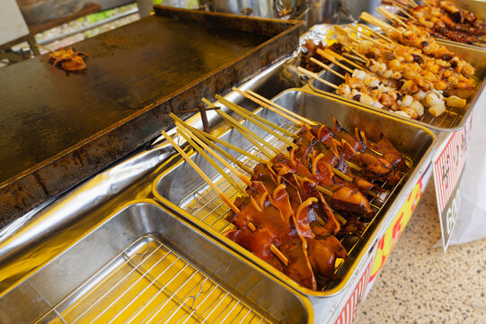 Grilled Squid Skewers Displayed at an Outdoor Food Stall in a Spring Park Event