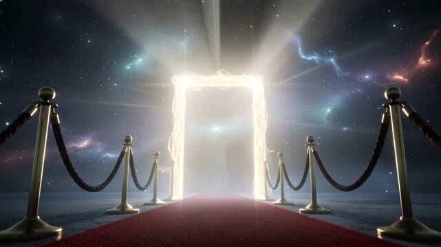 Futuristic Cosmic Portal with Red Carpet and Stars