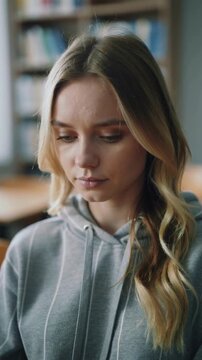 Young woman in grey hoodie looking down in library, close up shot