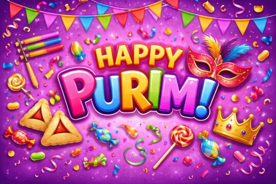 Colorful decorations show sweets, masks, and festive items for Purim celebration, creating a joyful atmosphere for the holiday.