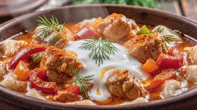 Delicious Goulash Stew with Meatballs and Sour Cream.