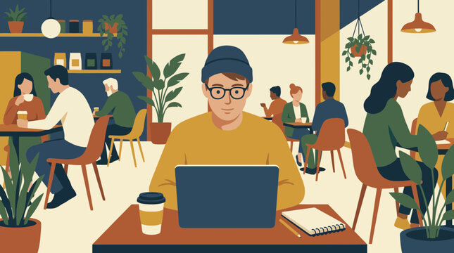 Freelance designer working remotely on laptop in cafe