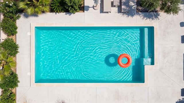 Aerial drone view of modern luxury swimming pool with clear turquoise water, ripples and orange inflatable ring floating on warm summer day, dolly out camera movement