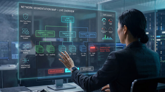 Asian female specialist monitoring a live holographic network segmentation map interface with Zero Trust policy and micro-firewalls to block lateral movement attempts in real time in modern soc