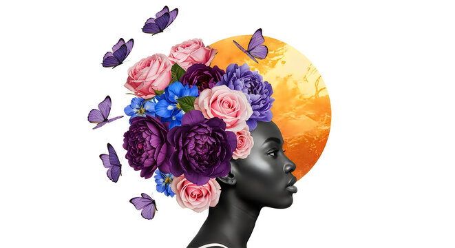 Abstract art collage of a young African woman with flowers on her head. Conceptual fashion art design in a modern style