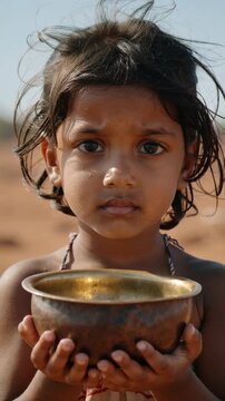 Young South Asian girl holding a brass bowl against a blurred outdoor landscape, close up shot