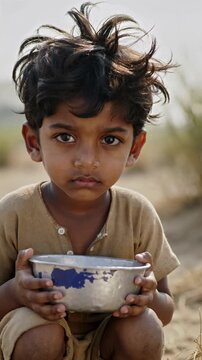 South Asian boy holding empty metal bowl outdoors in rural setting, medium shot, eye level