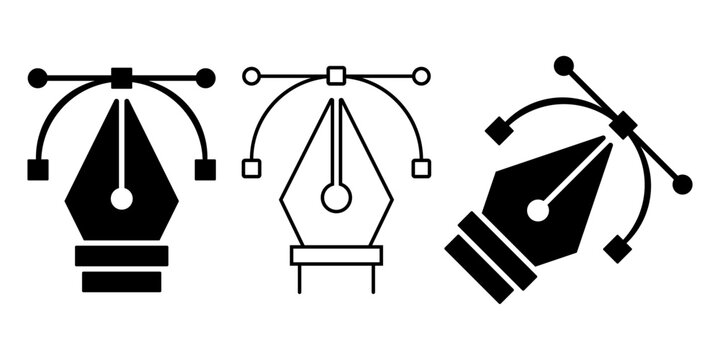A set of pen nib icons with curves and control points, shown in solid and outline styles