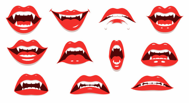 Vampire Mouths with Fangs - Collection of Red Lips and Sharp Teeth