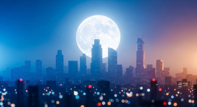 A surreal urban skyline under a glowing moon during blue hour, featuring soft hazy lights and a dreamlike atmosphere of liminal stillness, ambient, lunar, liminal