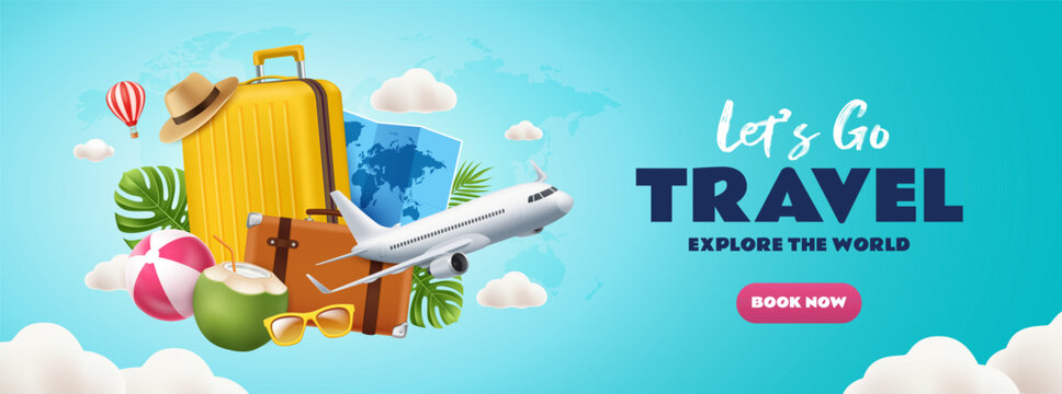 Let&rsquo;s Go Travel Banner with Airplane and Luggage Vacation Theme