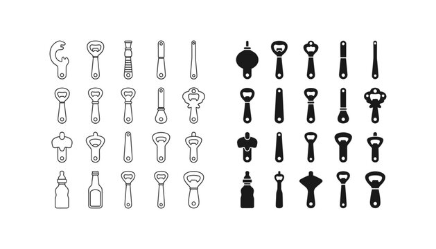 Diverse collection of bottle opener icons illustrating various kitchen bar tools for drinks and celebration