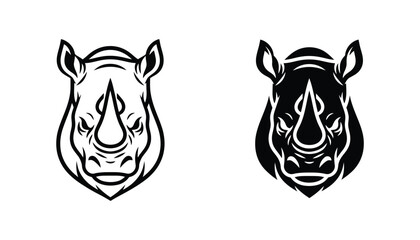 Powerful vector emblems showcasing a rhinoceros head in both line art and solid black silhouette styles for strong animalistic branding and aggressive design themes © Prism
