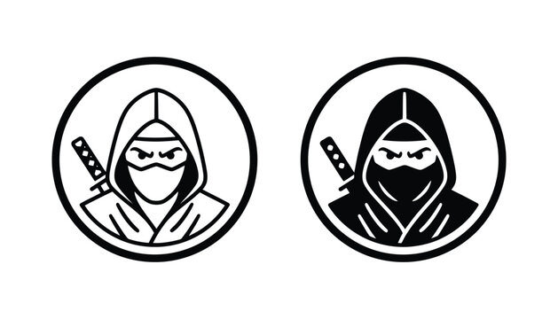 Dynamic vector illustrations of a ninja warrior in a circular frame presented in both detailed line work and stark black fill for stealthy combat and covert operative themes