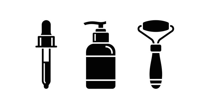 Skincare Tools Icons: Dropper, Pump Bottle, and Jade Roller