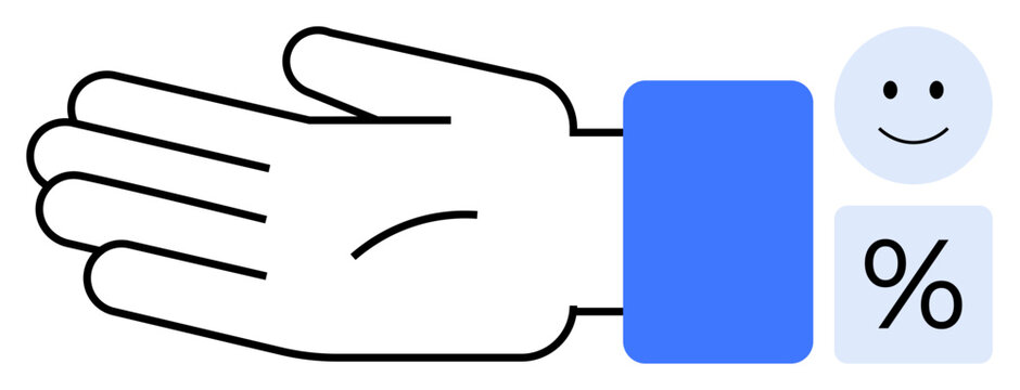 Communication, data sharing, positivity, assistance, digital transactions, user interaction. Open hand with smile emotion and percentage symbol. Communication and data sharing concept