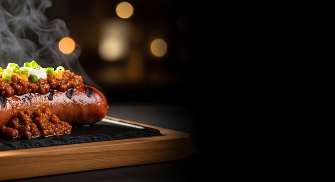 delicious chili dog on wooden board with smoke