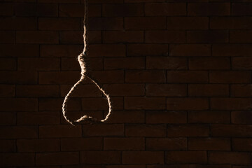 Fototapeta na wymiar Hanging rope with loop on dark brick background. Suicide concept