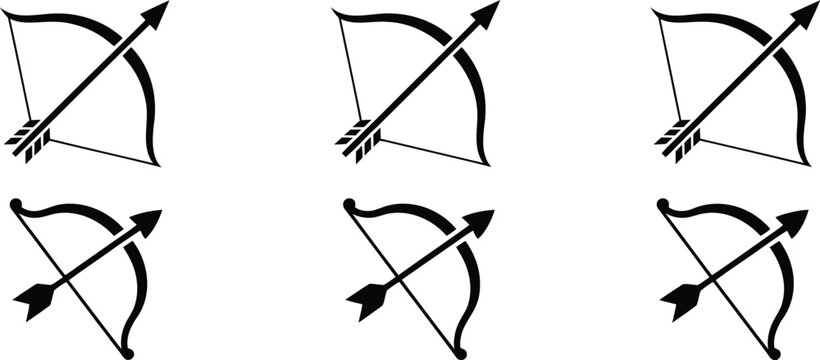 Set of six black archery bow and arrow arranged in a grid pattern representing hunting sports and historical weaponry on a plain white background