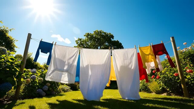 Laundry hanging on clothesline in sunny garden under blue sky