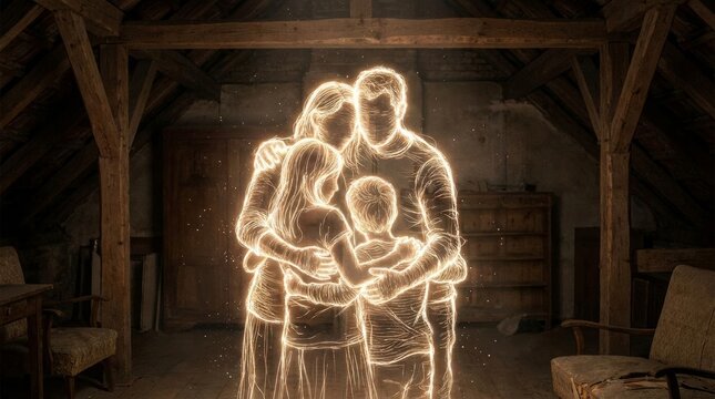 Family of four made of glowing light outlines embracing in a dark room, love and belonging