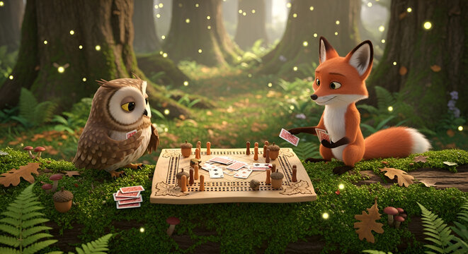 Fox and owl playing cribbage board game in a magical forest