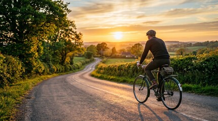 Obraz premium A person cycling on a winding country road at sunset, surrounded by green trees and fields under a warm, golden sky.