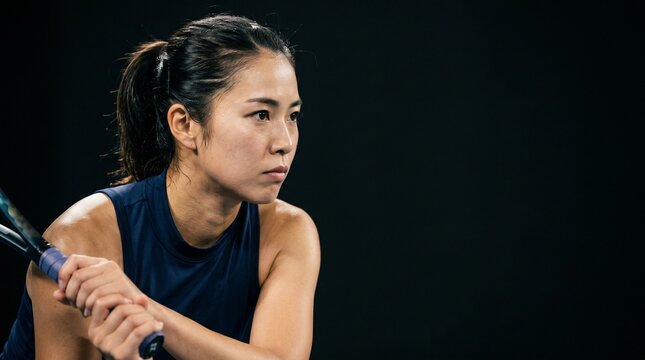 黒背景に浮かび上がる日本人女性プロテニス選手の真剣な眼差し。緊張感と精神力を感じさせるクローズアップ