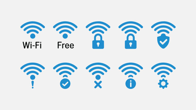Set of various Wi-Fi signal icons, including secured and unsecured connections