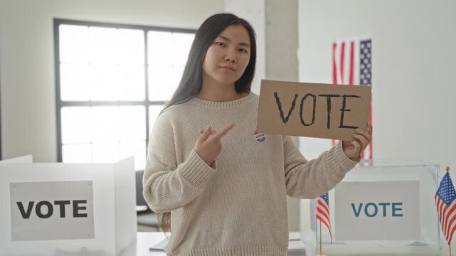 Woman holds cardboard vote sign and points finger to sign while wearing a voted sticker beside a ballot box in a polling building; civic duty pride.