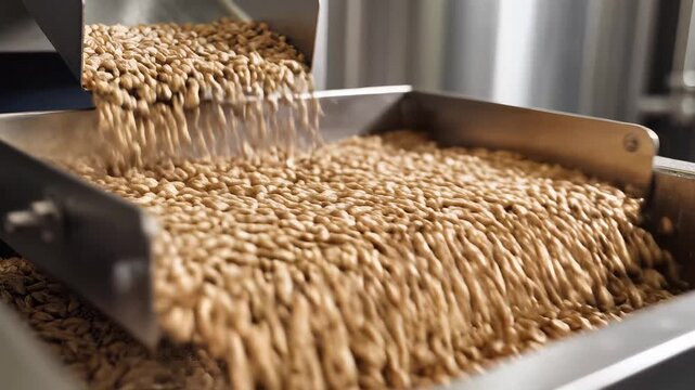 Closeup of coffee beans being processed in a factory conveyor belt system.