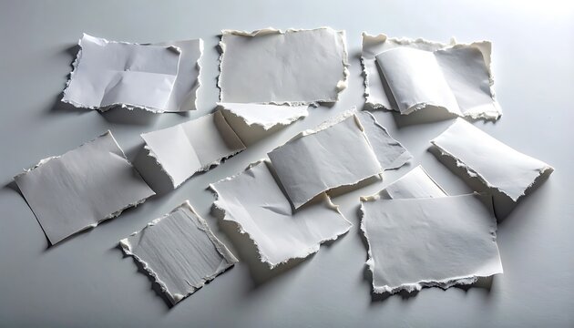 Scattered torn paper pieces with rough edges on a plain surface, conveying message fragmentation or lost information