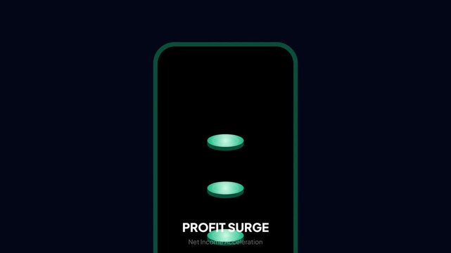 Green glowing coins animate on a dark phone screen. Text below reads "Profit Surge" and "Net Income Acceleration." Modern minimal design suggests financial growth. Ideal for business, finance