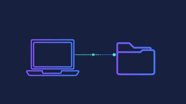 Animated motion graphics showing a security padlock icon connecting to a data server via pulsing dots. Concept of database protection, server security, and secure network hosting on dark blue
