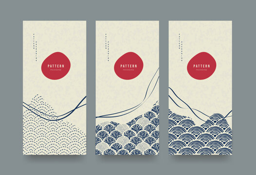 Set of Packaging templates japanese retro style background fabric luxury or premium products. Asian pattern art design.