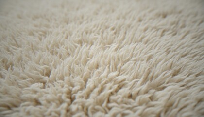 A close-up view of a soft, fluffy off-white sheepskin rug or faux fur material with long textured strands. © Varos