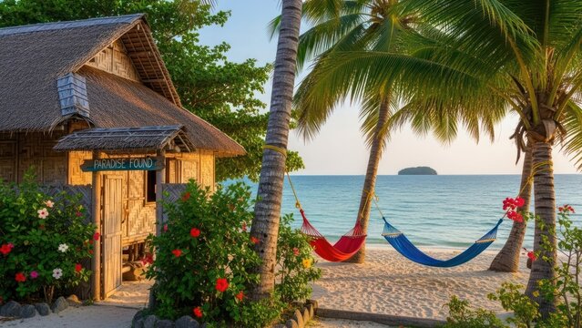 Tropical Beach Paradise with Hammocks and Bungalow.