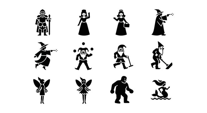 12 Fantasy Character silhouette icons knight wizard fairy mermaid, solid black style, medieval mythology