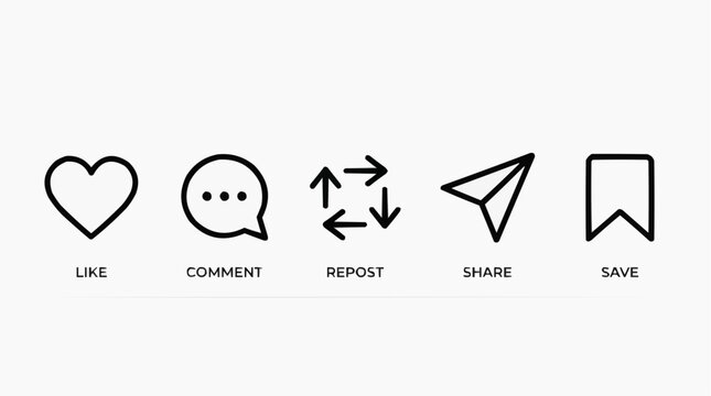 Social Media Icons: Minimalist line art icons representing essential social media interactions: like, comment, repost, share, and save. Simple and versatile for digital communication.